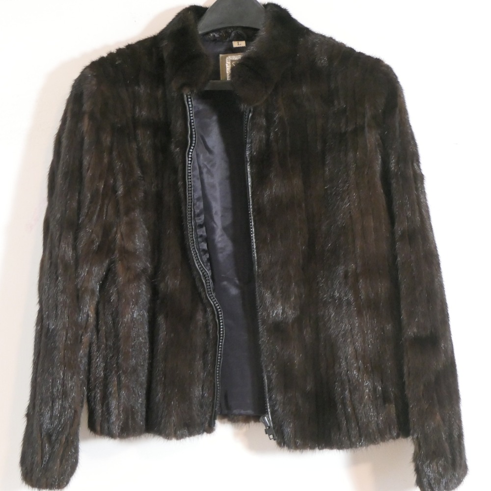 Vintage 1980s Saga Mink Fur Bomber L Dark Brown Zip Up Luxury Mob Wife Statement